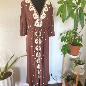Free People Brown Maxi Dress with Cream Floral Embroidery